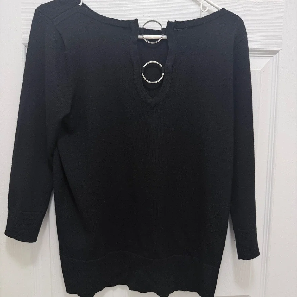 Cable & Gauge Black Knit Sweater Top Medium Silver O-Ring Back 3/4 Sleeve
